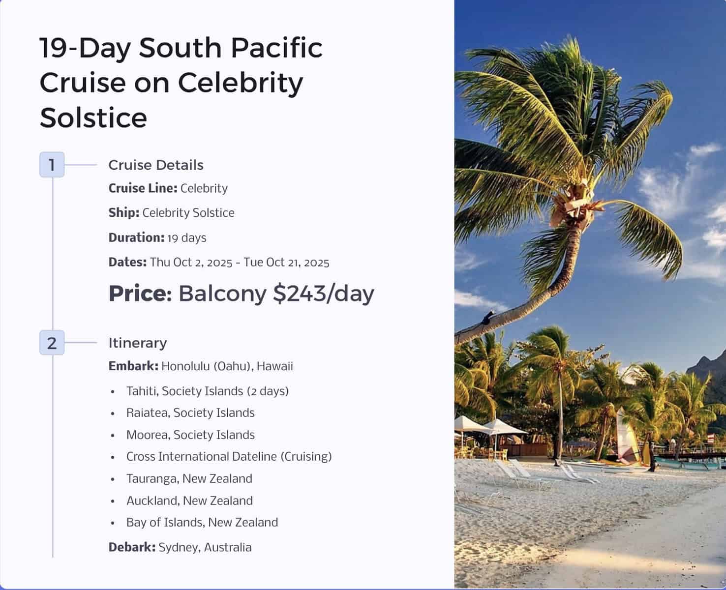 19-day South Pacific cruise on Celebrity Solstice
